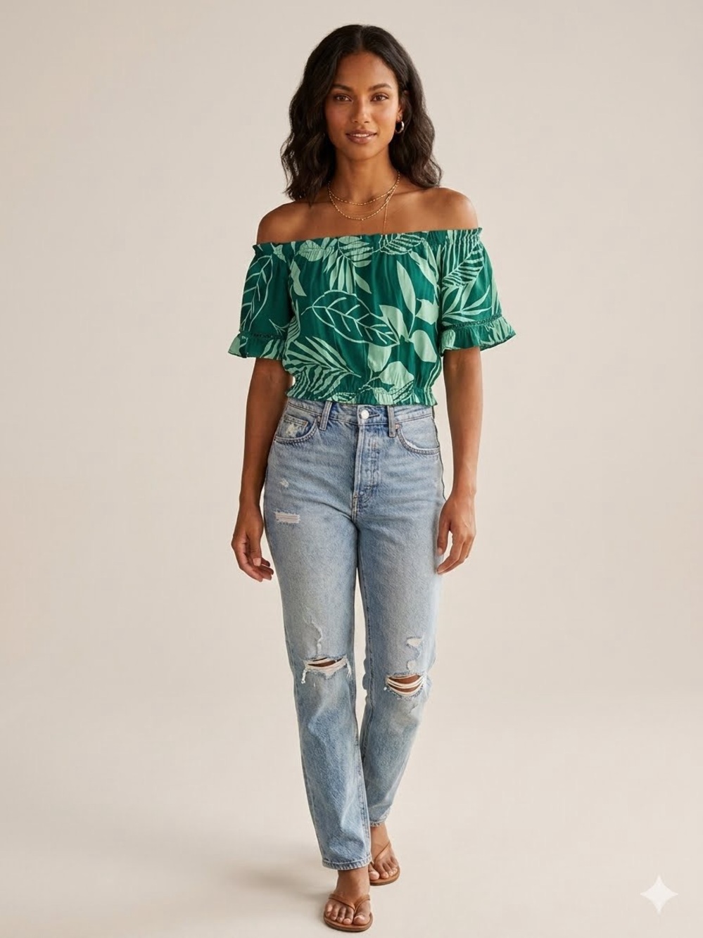 Paradise USA floral Teal Green Boho beach vacay Viscose Top